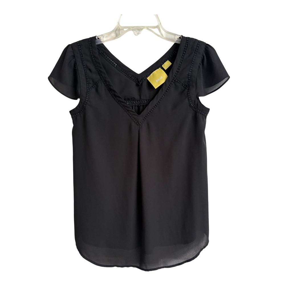 Maeve Anthropologie Black Chiffon Flutter Sleeve Blouse V-Neck Lace Trim Size 0